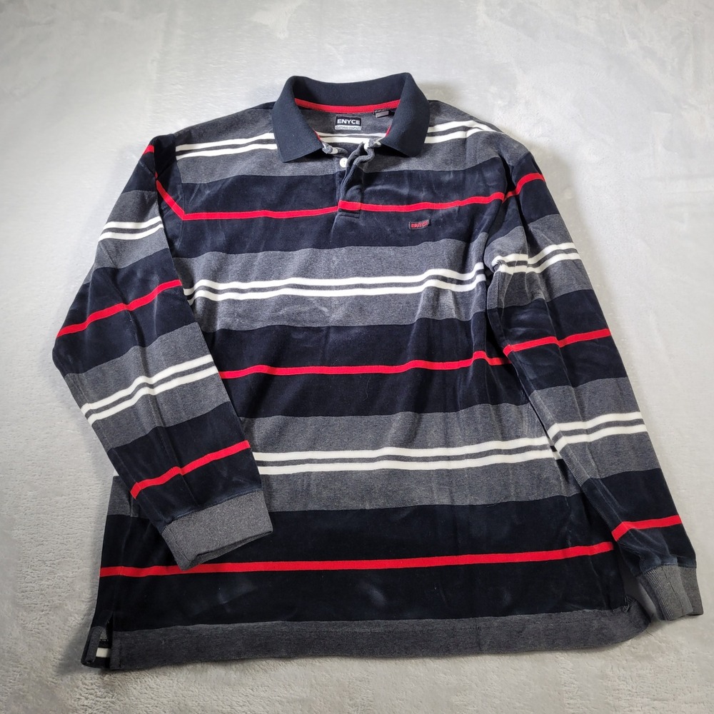 Enyce Velour Polo Shirt Mens Large Black Grey Red Striped Long Sleeve EYRU0048